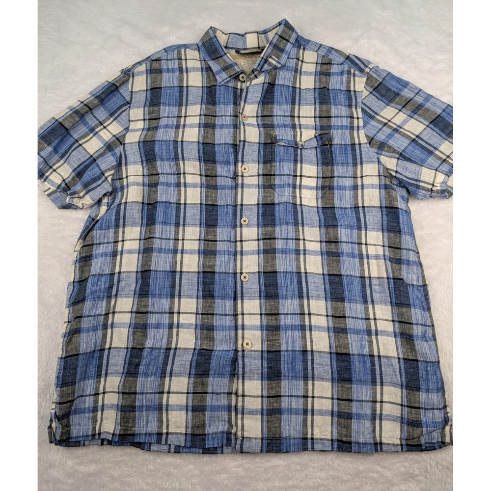 Tommy Bahama 100% Linen‎ Shirt Mens XL Blue Plaid Island Modern Fit Short Sleeve